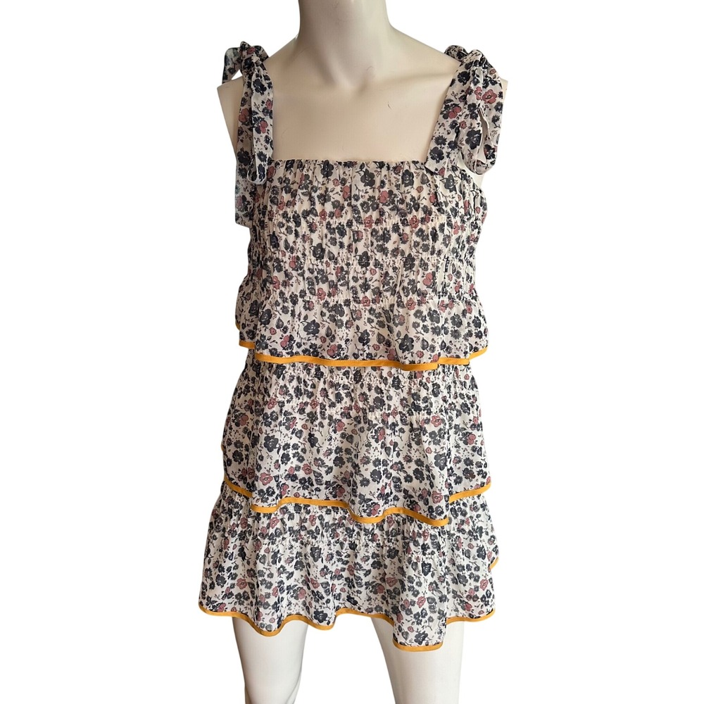 Tularosa Smocked Tiered Floral Mini Dress XS Tie Shoulder Mustard Trim Navy